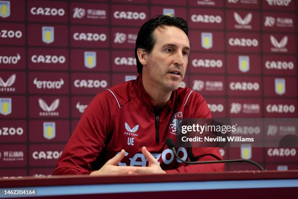 Unai Emery head coach of Aston Villa talks to the media during a press conference at Bodymoor Heath training ground on February 03, 2023 in...