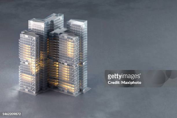 3d model of modern office building with illuminated windows on empty concrete background - tech headquarters stock pictures, royalty-free photos & images