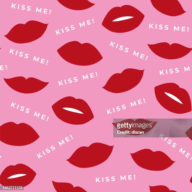 seamless pattern with lips and lettering “kiss me”. - lipstick kiss stock illustrations