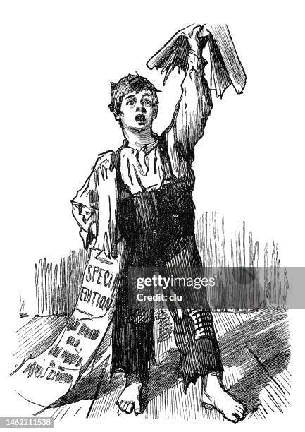 bildbanksillustrationer, clip art samt tecknat material och ikoner med newspaper boy offering a special edition, arm raised and showing the newspaper, white background - tidningsstånd