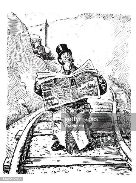 man sitting on a track and from behind a train rolls towards him while he calmly reads the newspaper - caricature stock illustrations