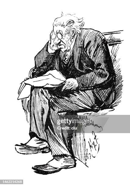 senior man with eyeglasses reads a newspaper sitting on a sofa, white background - old man reading newspaper stock illustrations