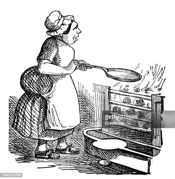 ilustraciones, imágenes clip art, dibujos animados e iconos de stock de mujer con capucha sosteniendo una sartén de pie en el horno, vista lateral - atleta discapacitado