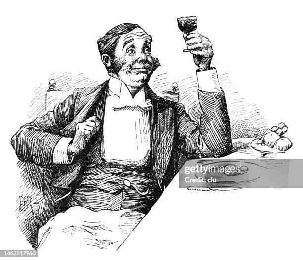 elderly man looking longingly at a glass of wine he holds in his hand - archival alcohol stock illustrations