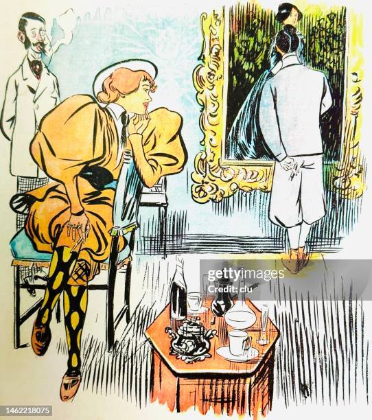 elegant woman in bicycle costume shows her paintings to a friend - graphic print stock illustrations