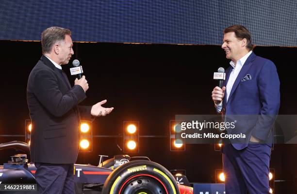 Red Bull Racing Team Principal Christian Horner and Jim Farley, CEO of Ford talk on stage during the Oracle Red Bull Racing Season Launch 2023 at...