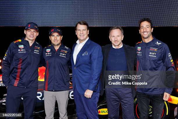 Max Verstappen of the Netherlands and Oracle Red Bull Racing, Sergio Perez of Mexico and Oracle Red Bull Racing, Jim Farley, CEO of Ford, Red Bull...