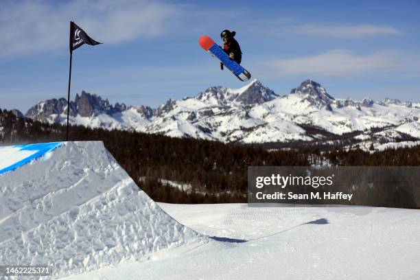 Tiarn Collins of New Zealand completes a Men's Freestyle Snowboard Slopestyle training run on day three of the Toyota U.S. Grand Prix at Mammoth...