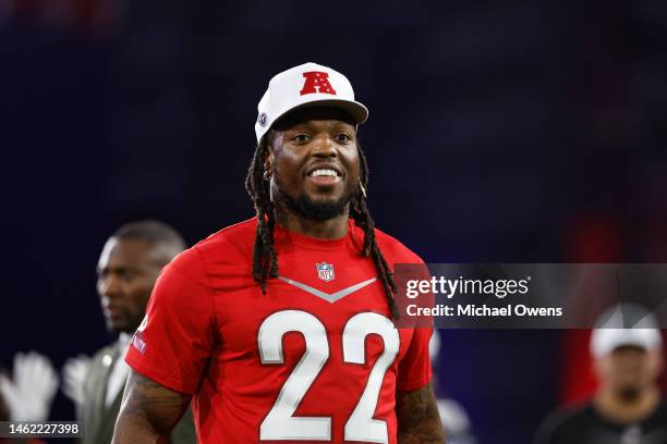 Running back Derrick Henry of the Tennesse Titans reacts during the Pro Bowl Games skills events on February 02, 2023 in Las Vegas, Nevada.