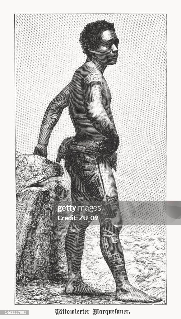 Tattooed indigenous man of Marquesas Islands, wood engraving, published 1899