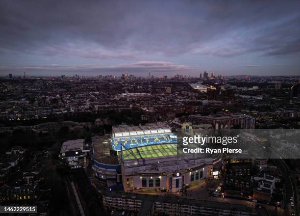 An aerial view of Stamford Bridge ahead of the Premier League match between Chelsea FC and Fulham FC at Stamford Bridge on February 03, 2023 in...