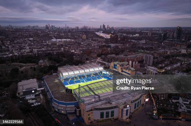 An aerial view of Stamford Bridge ahead of the Premier League match between Chelsea FC and Fulham FC at Stamford Bridge on February 03, 2023 in...