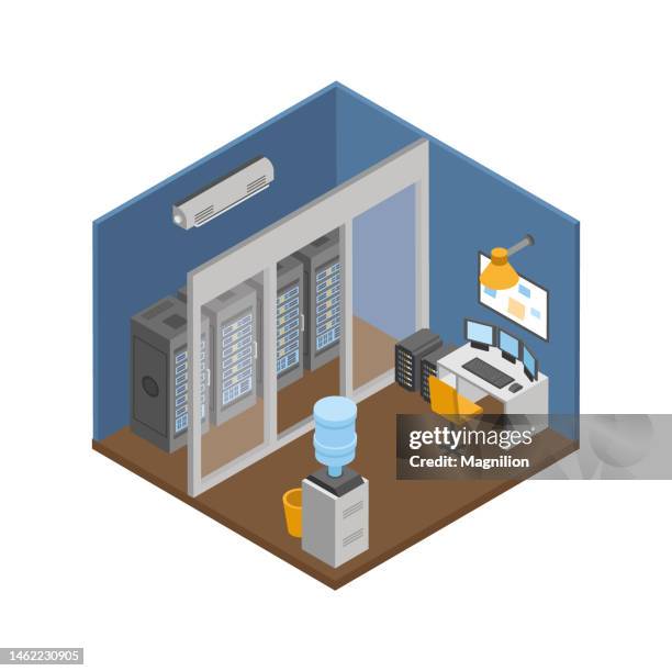 system administrator room, server room isometric vector - computer mainframe icon stock illustrations
