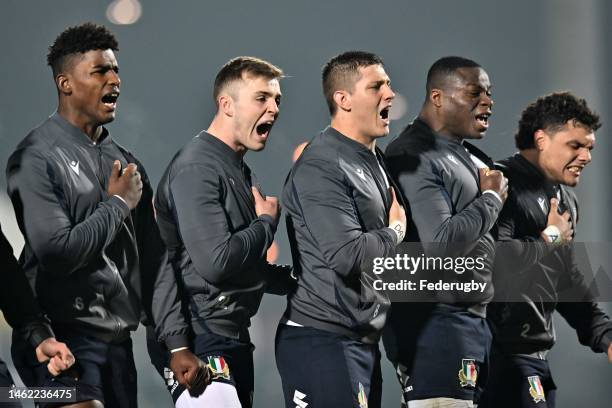 Italian players line up during the U20 Six Nations Rugby match between Italy and France at Stadio comunale di Monigo on February 03, 2023 in Treviso,...