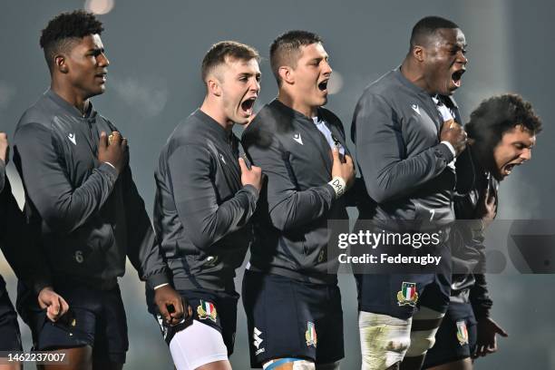 Italian players line up during the U20 Six Nations Rugby match between Italy and France at Stadio comunale di Monigo on February 03, 2023 in Treviso,...