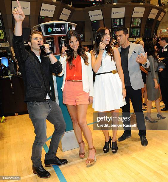 Josh Henderson, Jordana Brewster, Julie Gonzalo and Jesse Metcalfe the cast of the new series "Dallas" visit The New York Stock Exchange to ring the...