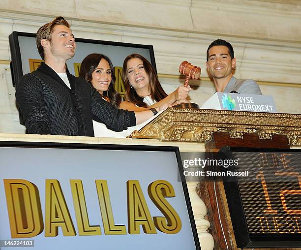 Josh Henderson, Jordana Brewster, Julie Gonzalo and Jesse Metcalfe the cast of the new series "Dallas" visit The New York Stock Exchange to ring the...