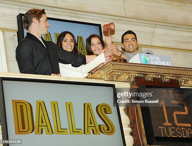 Josh Henderson, Jordana Brewster, Julie Gonzalo and Jesse Metcalfe the cast of the new series "Dallas" visit The New York Stock Exchange to ring the...