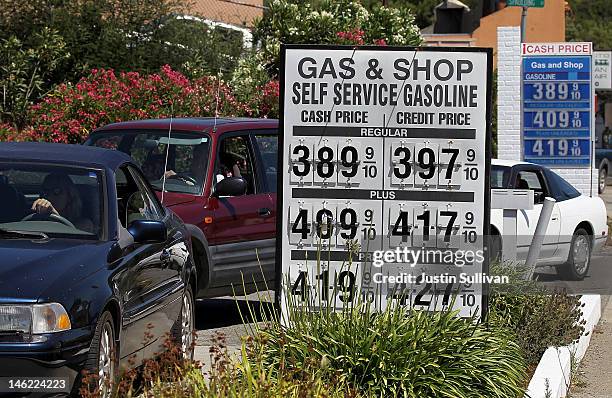 Customers wait in line to purchase gas at a gas station on June 12, 2012 in San Anselmo, California. According to the Energy Department's weekly fuel...