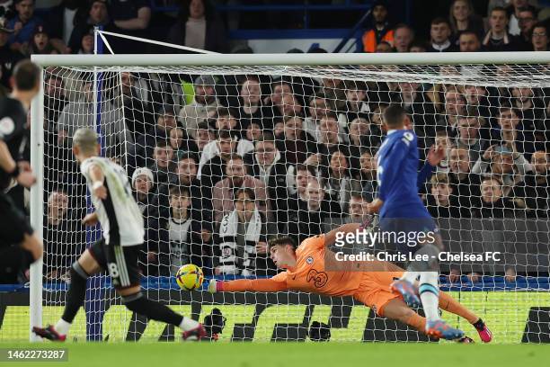 Kepa Arrizabalaga of Chelsea makes a save during the Premier League match between Chelsea FC and Fulham FC at Stamford Bridge on February 03, 2023 in...