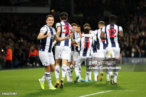 Jed Wallace of West Bromwich Albion celebrateas after their teammate Grady Diangana scores the team's first goal during the Sky Bet Championship...