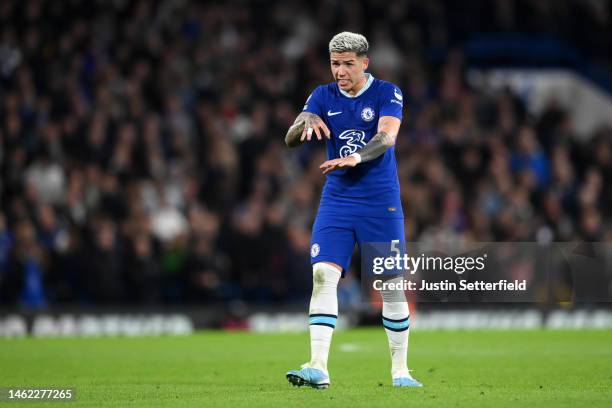 Enzo Fernandez of Chelsea reacts during the Premier League match between Chelsea FC and Fulham FC at Stamford Bridge on February 03, 2023 in London,...