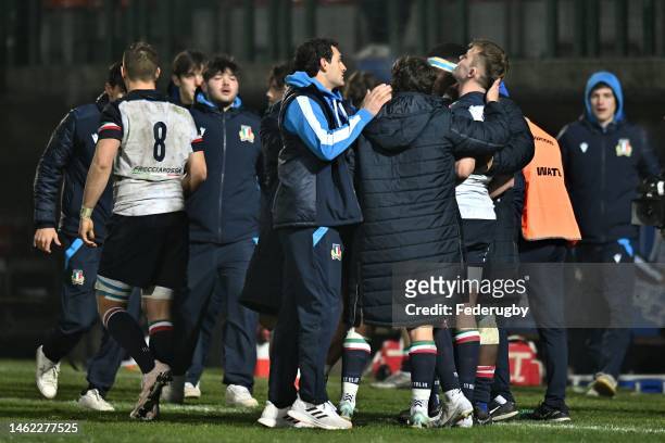 Andrea Bruniera of Italy celebrates during the U20 Six Nations Rugby match between Italy and France at Stadio comunale di Monigo on February 03, 2023...