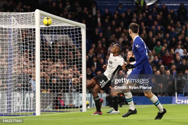 Kai Havertz of Chelsea shoots and hits the post during the Premier League match between Chelsea FC and Fulham FC at Stamford Bridge on February 03,...