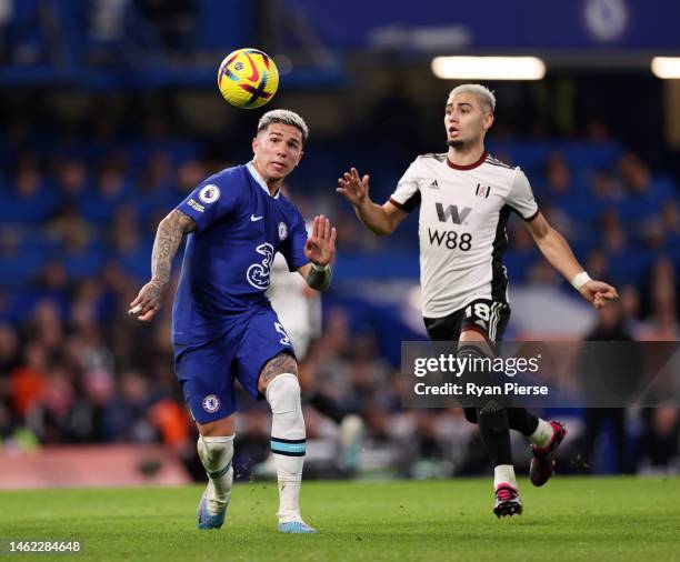 Enzo Fernandez of Chelsea battles for possession with Andreas Pereira of Fulham during the Premier League match between Chelsea FC and Fulham FC at...