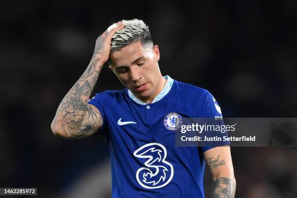 Enzo Fernandez of Chelsea reacts during the Premier League match between Chelsea FC and Fulham FC at Stamford Bridge on February 03, 2023 in London,...