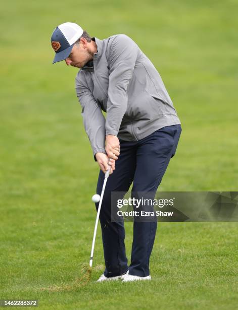 Buster Posey plays a second shot on the 18th hole during the second round of the AT&T Pebble Beach Pro-Am at Spyglass Hill Golf Course February 03,...