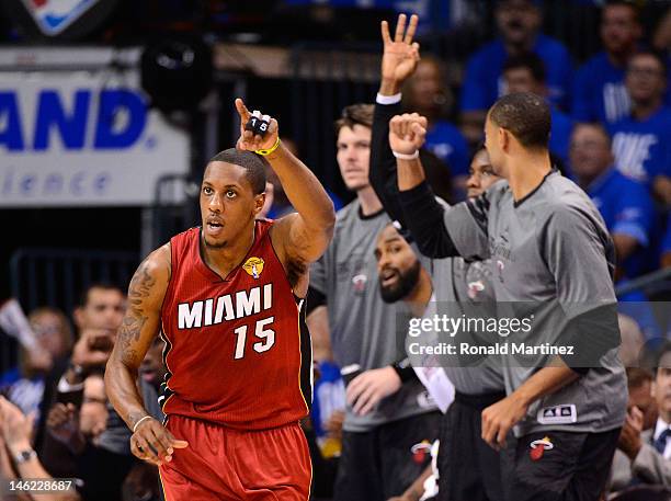Mario Chalmers of the Miami Heat reacts after making a basket in the first quarter in Game One of the 2012 NBA Finals against the Oklahoma City...