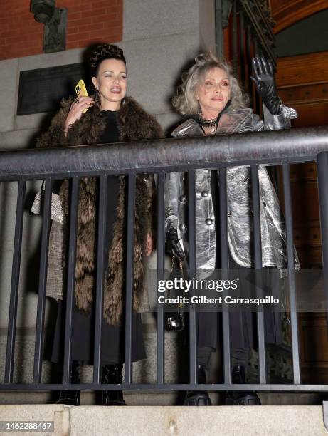 Actress Debi Mazar and singer-songwriter Debbie Harry are seen leaving Marc Jacobs Runway Show 2023 at the Park Avenue Armory on February 02, 2023 in...