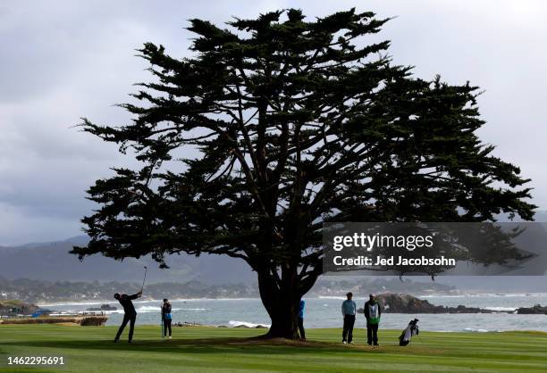 Nick Taylor of Canada plays a shot on the 18th hole during the second round of the AT&T Pebble Beach Pro-Am at Pebble Beach Golf Links on February...