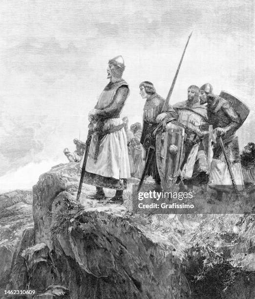 peter iii of aragon at col de panissars 1285 - aragon stock illustrations