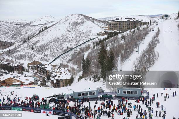 General view as Winter Vinecki of Team United States finishes her jump during Women's Aerials Qualifications on day two of the Intermountain...