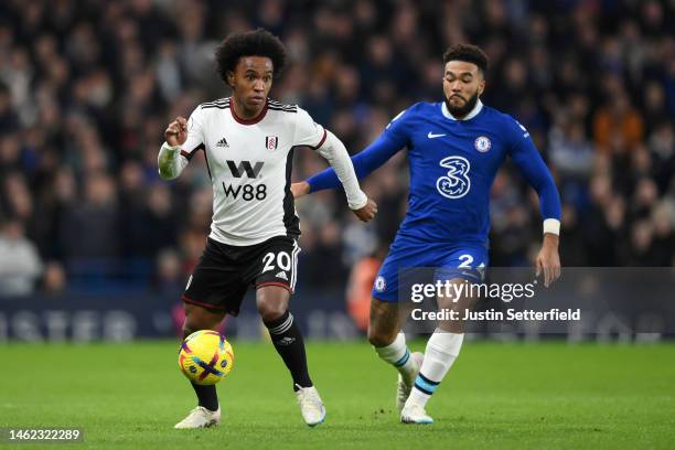 Willian of Fulham and Reece James of Chelsea during the Premier League match between Chelsea FC and Fulham FC at Stamford Bridge on February 03, 2023...