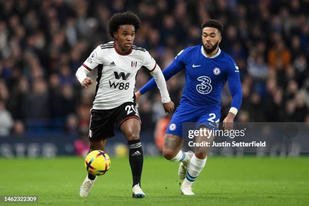 Willian of Fulham and Reece James of Chelsea during the Premier League match between Chelsea FC and Fulham FC at Stamford Bridge on February 03, 2023...