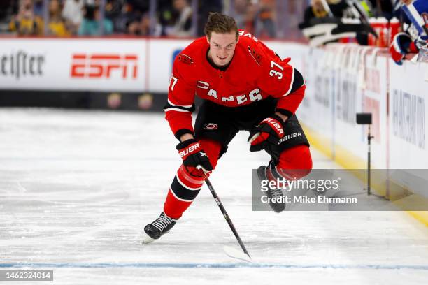 Andrei Svechnikov of the Carolina Hurricanes competes in the Upper Deck NHL Fastest Skater during the 2023 NHL All-Star Skills Competition at FLA...