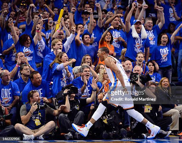 Russell Westbrook of the Oklahoma City Thunder reacts in the second half while taking on the Miami Heat in Game One of the 2012 NBA Finals at...