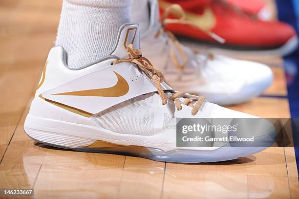 View of Kevin Durant of the Oklahoma City Thunder sneakers KD IVs in the game against the Miami Heat during Game One of the 2012 NBA Finals at...