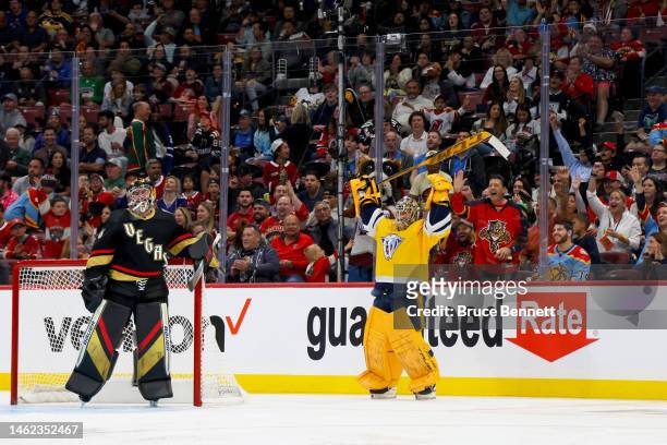 Juuse Saros of the Nashville Predators celebrates a goal against Logan Thompson of the Vegas Golden Knights in the Discover NHL Tendy Tandem during...
