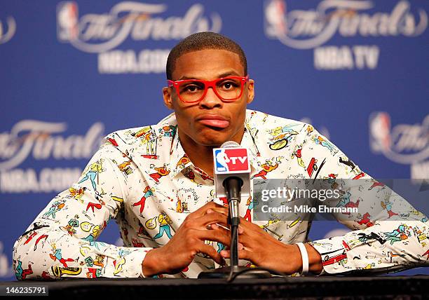 Russell Westbrook of the Oklahoma City Thunder answers questions after the Thunder defeat the Miami Heat 105-94 in Game One of the 2012 NBA Finals at...
