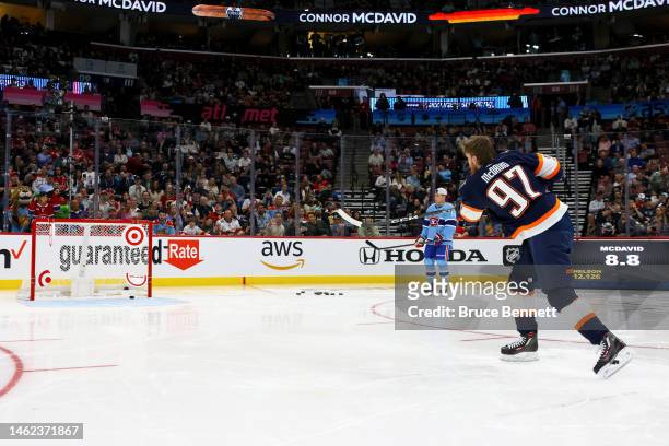 Connor McDavid of the Edmonton Oilers competes in the Honda NHL Accuracy Shooting during the 2023 NHL All-Star Skills Competition at FLA Live Arena...