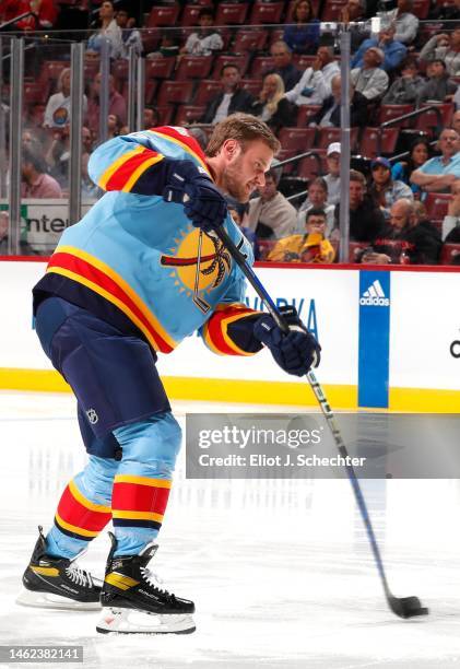 Aleksander Barkov of the Florida Panthers competes in the Honda NHL Accuracy Shooting event during the 2023 NHL All-Star Skills Competition at FLA...
