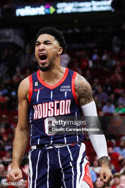 Kenyon Martin Jr. #6 of the Houston Rockets reacts following a dunk against the Toronto Raptors during the first half at Toyota Center on February...