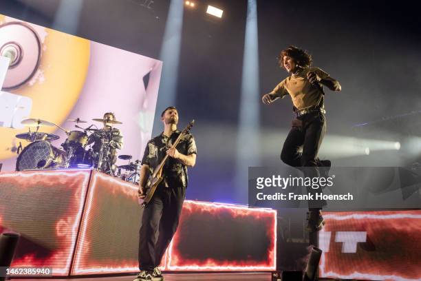 John Jones and Oliver Sykes of Bring Me the Horizon perform live on stage during a concert at the Max-Schmeling-Halle on February 3, 2023 in Berlin,...