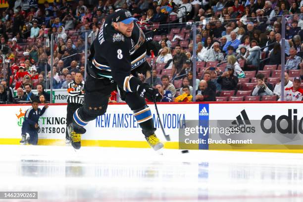 Alex Ovechkin of the Washington Capitals competes in the GEICO NHL Hardest Shot during the 2023 NHL All-Star Skills Competition at FLA Live Arena on...