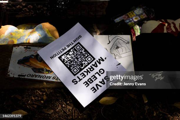 An online QR code petition to save Glebe Market lays on the ground on February 04, 2023 in Sydney, Australia. The much-beloved Glebe Markets, a...