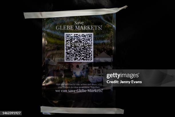 An online QR code petition to save Glebe Market is taped to a stall on February 04, 2023 in Sydney, Australia. The much-beloved Glebe Markets, a...